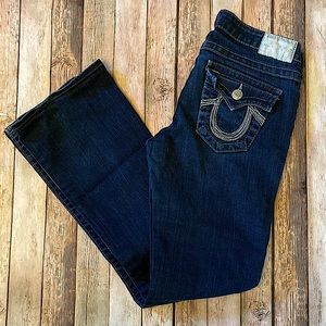 True Religion low rise blue jeans 27 some wear back right hem & front top above